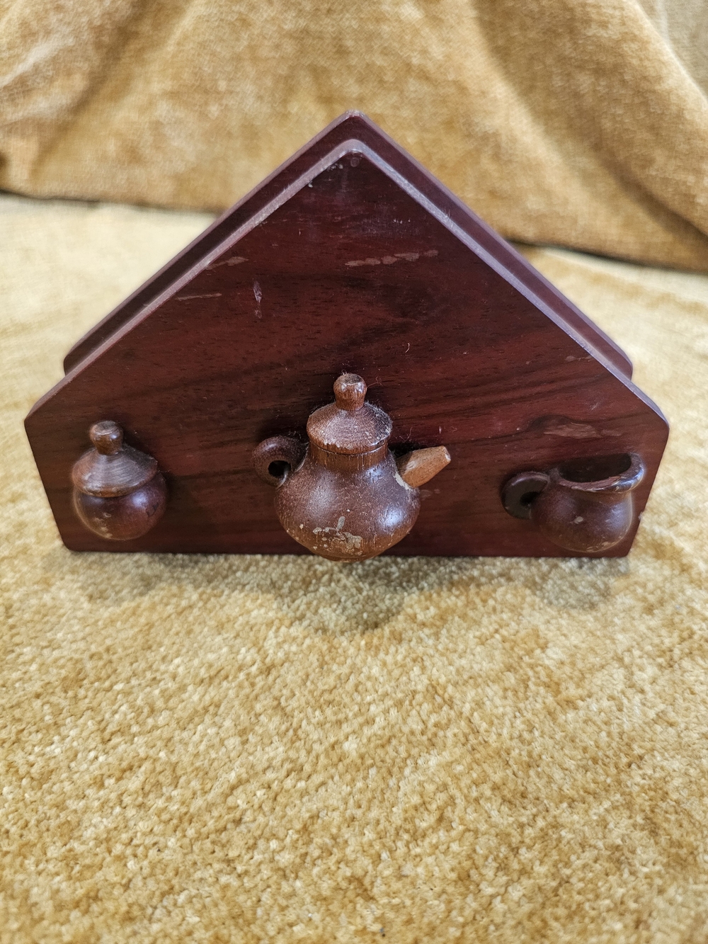 Vintage Wood Triangular Napkin Holder Stand, Brown, Teapot & Cup Decor